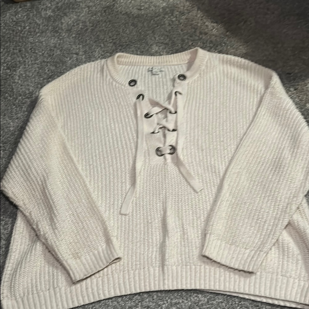 American Eagle Outfitters Cream V-Neck Sweater with Lace-Up Detail